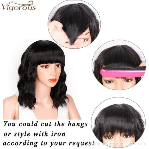 Vigorous Bob Wavy Curly Wig Synthetic Short Black Wig with Bangs Natural Looking Heat Resistant Fiber Hair for Women
